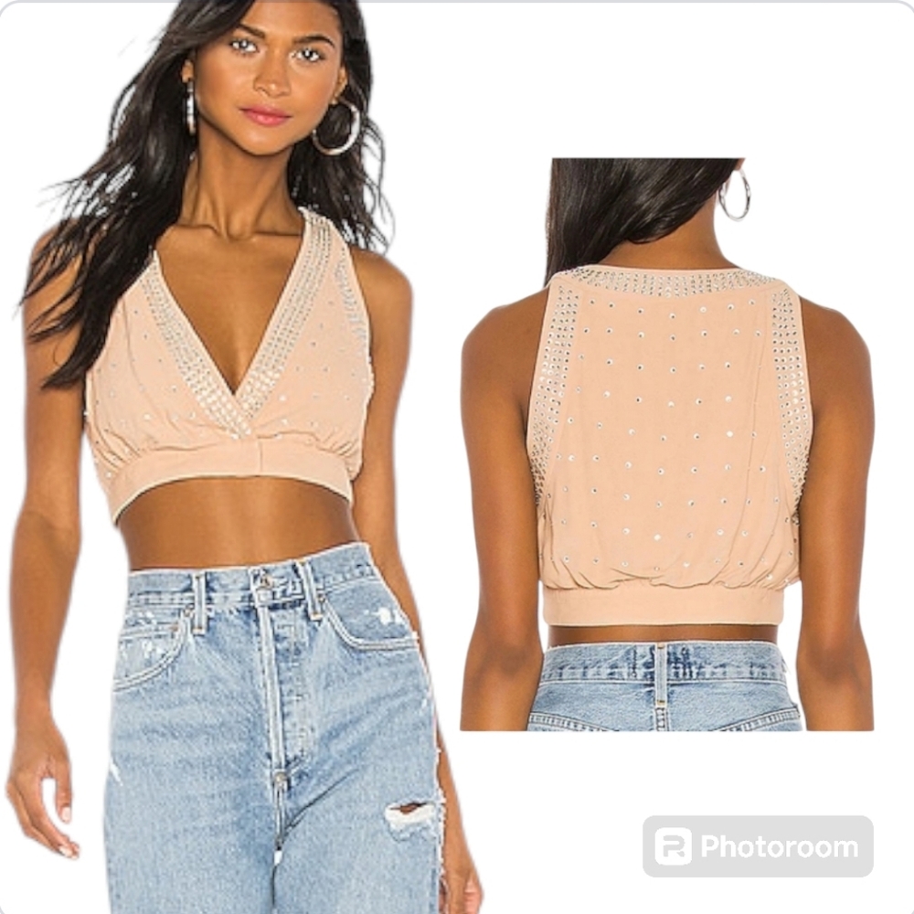 NWT NBD Revolve Annie Embellished Halter Crop Top Tan Beige S